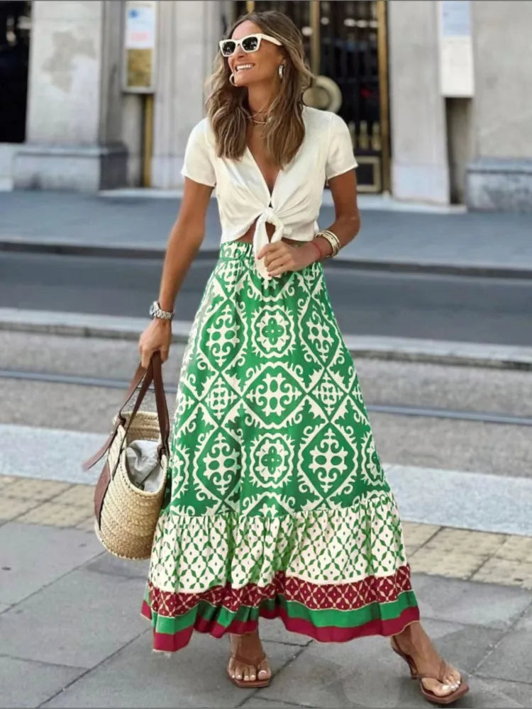 Stylowa damska spódnica midi z retro nadrukiem Liora – elegancja i klasyka na każdą okazję