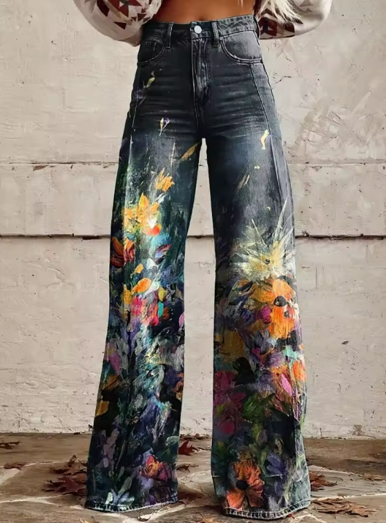Eleganckie damskie spodnie materiałowe w stylu vintage boho z unikalnym abstrakcyjnym nadrukiem