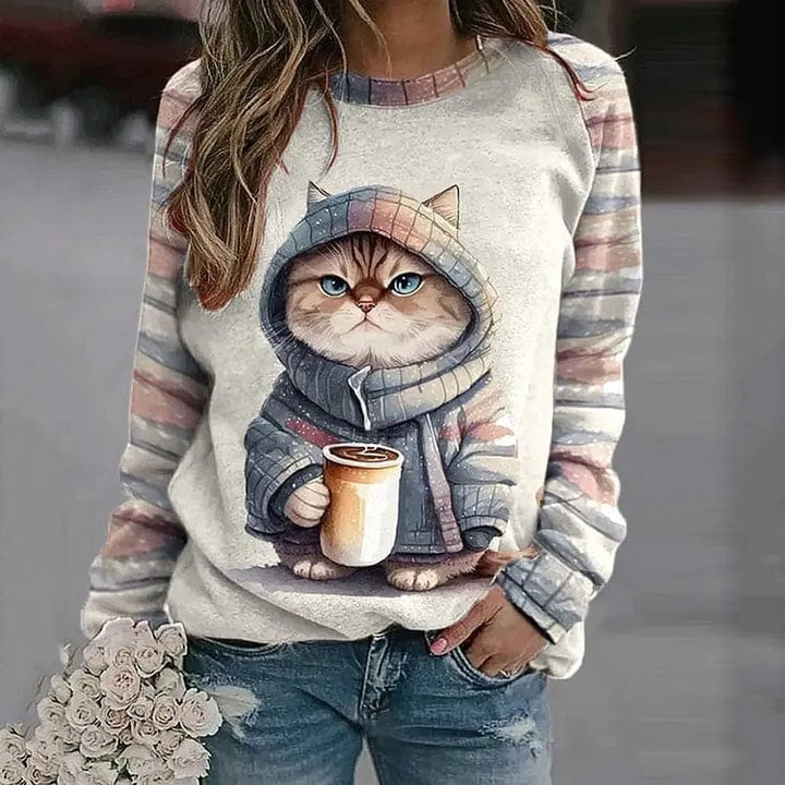 Modischer Damenpulli mit bezauberndem Katzenprint für einen bequemen und modischen Look