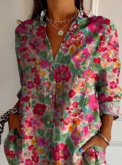 Stylisches Damen-Button-Down-Hemd mit Blumenmuster und langen Ärmeln - die perfekte Wahl für jede Gelegenheit