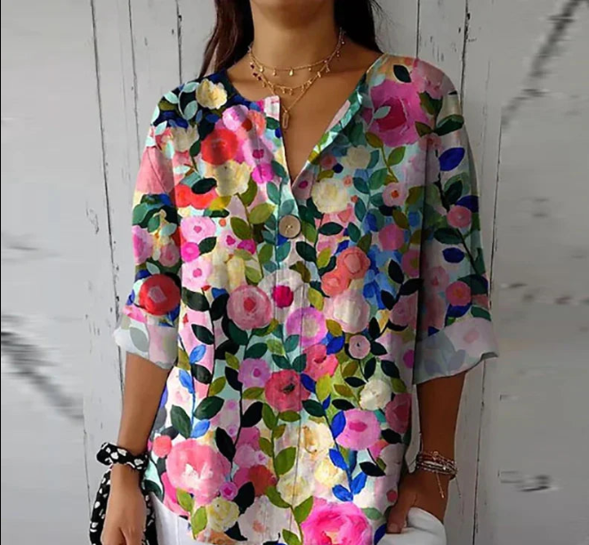 Stylowa damska koszula w kwiaty na guziki – elegancki i wygodny wybór dla każdej kobiety