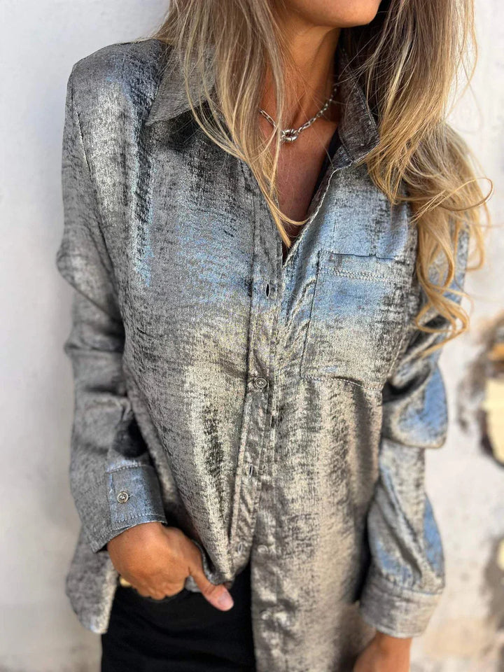 Stylisches Damen-Langarmshirt mit glitzernden Pailletten und elegantem Knopfverschluss