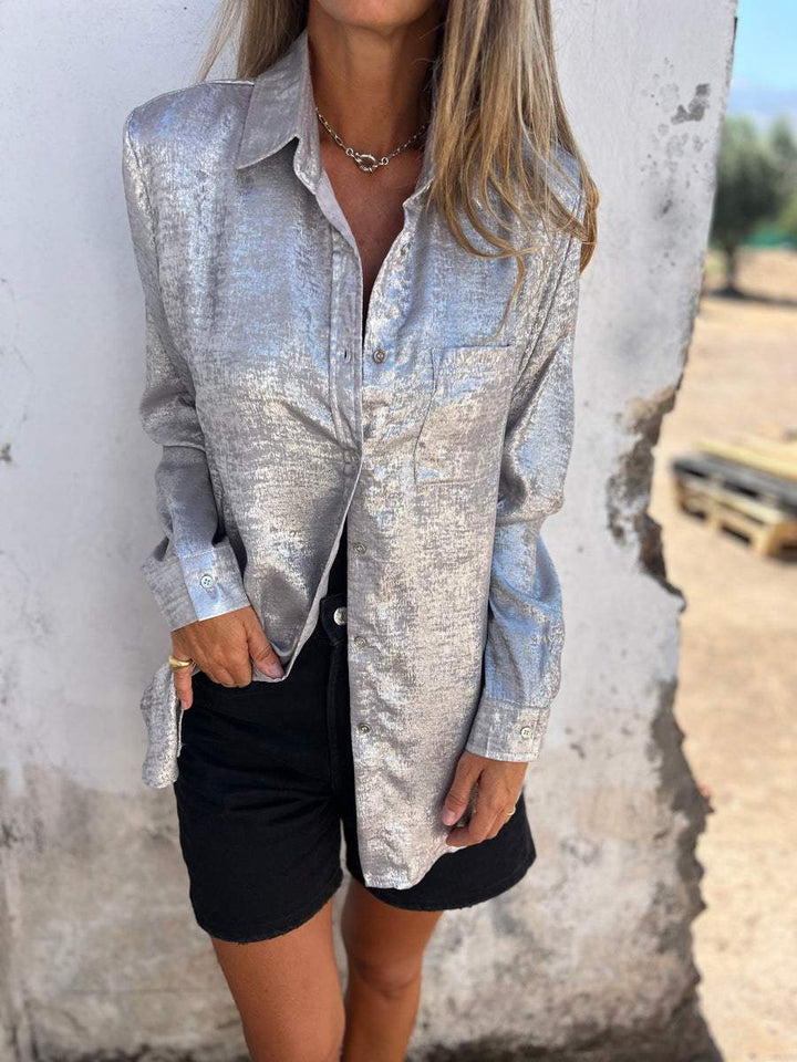 Stylisches Damen-Langarmshirt mit glitzernden Pailletten und elegantem Knopfverschluss