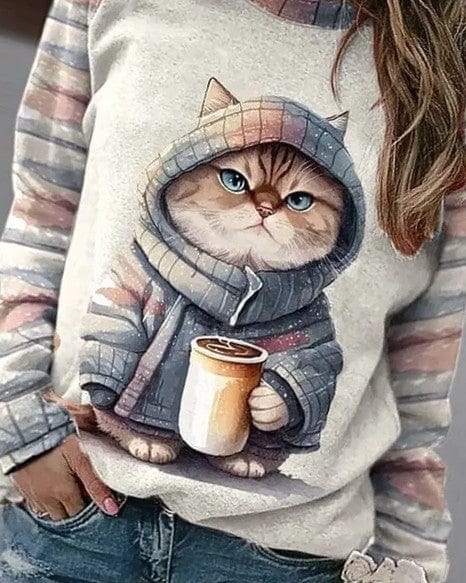 Modischer Damenpulli mit bezauberndem Katzenprint für einen bequemen und modischen Look