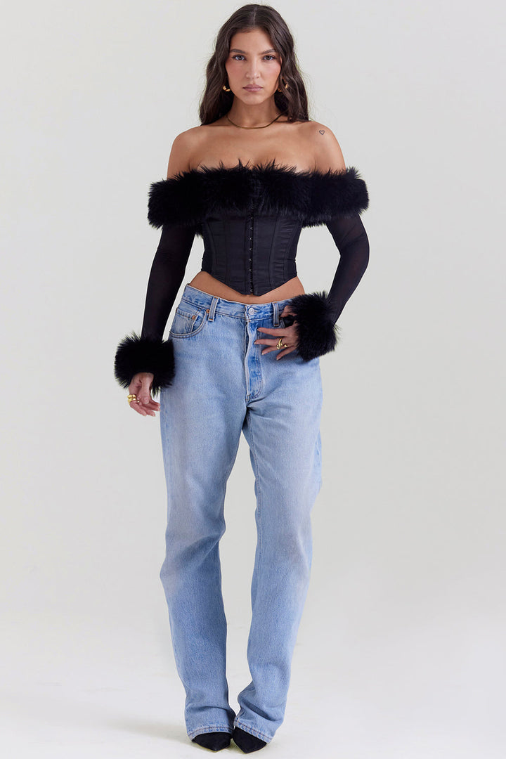Stylowy czarny gorset dla kobiet z eleganckim luksusowym wykończeniem ze sztucznego futra
