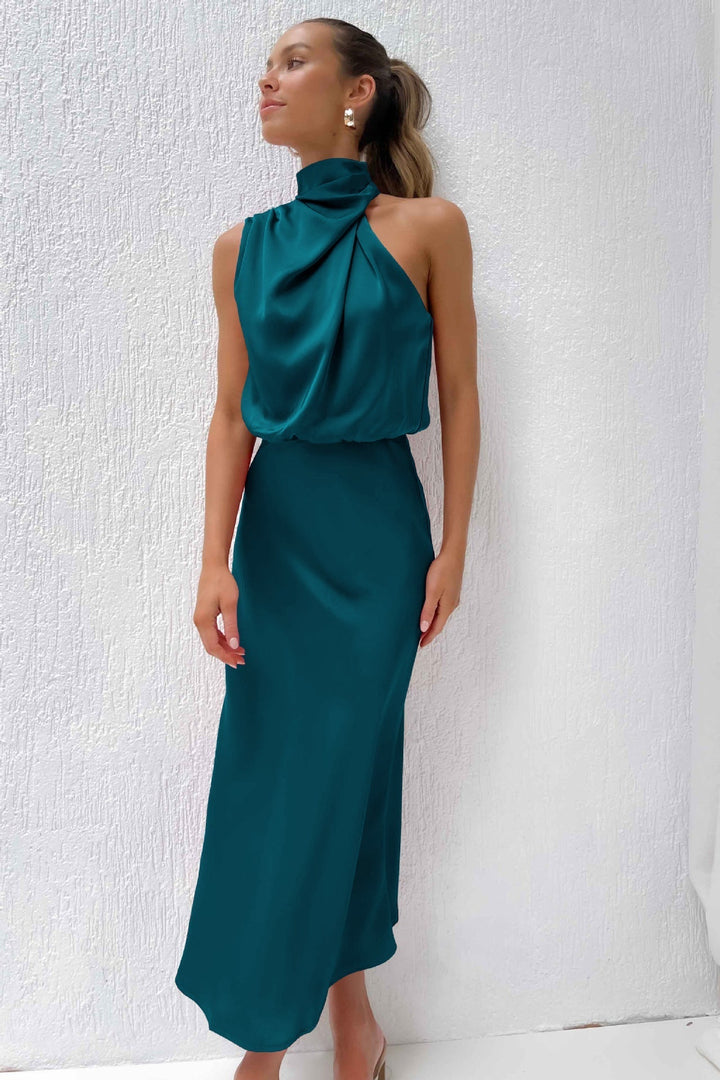 Maria™ - Stylowa satynowa sukienka bez rękawów z eleganckim żółwim dekoltem