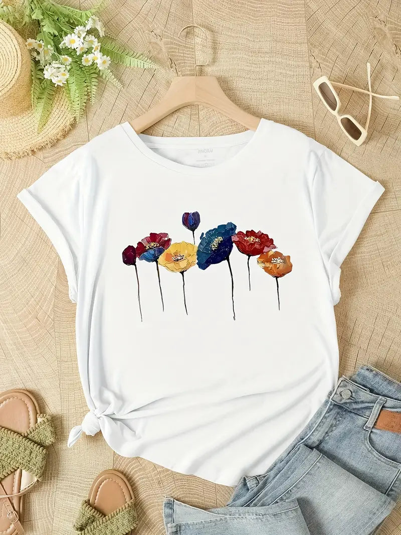 Modisches weißes Damen-T-Shirt mit Blumenmotiv - perfekt für Sommertage