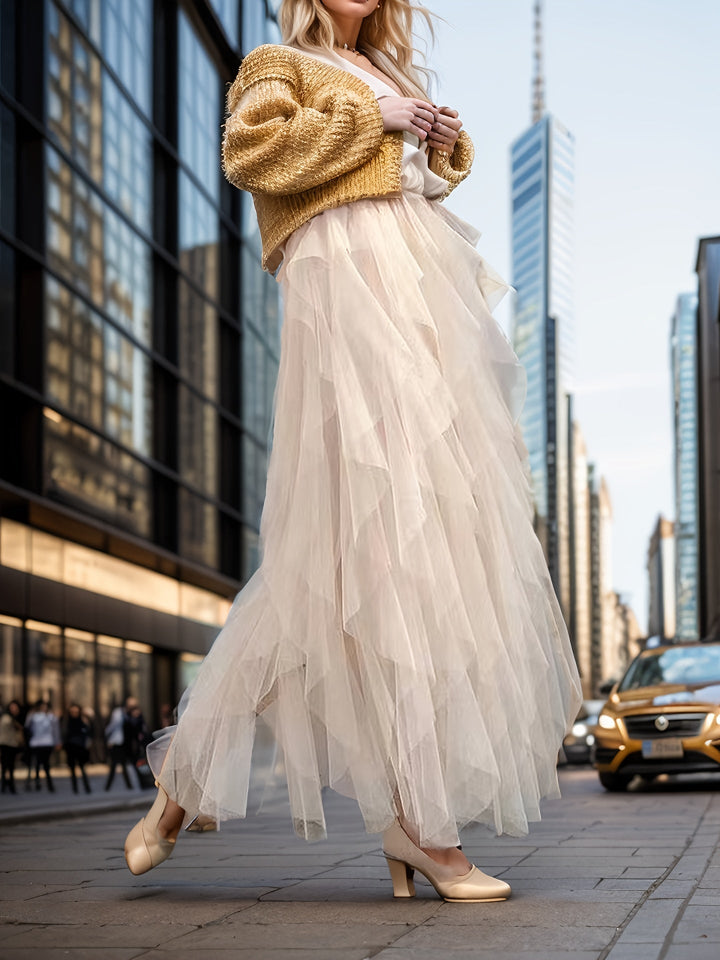 Elegante Damess Maxi Rok met Luxe Gelaagde Stijl in Extended Heather-Design
