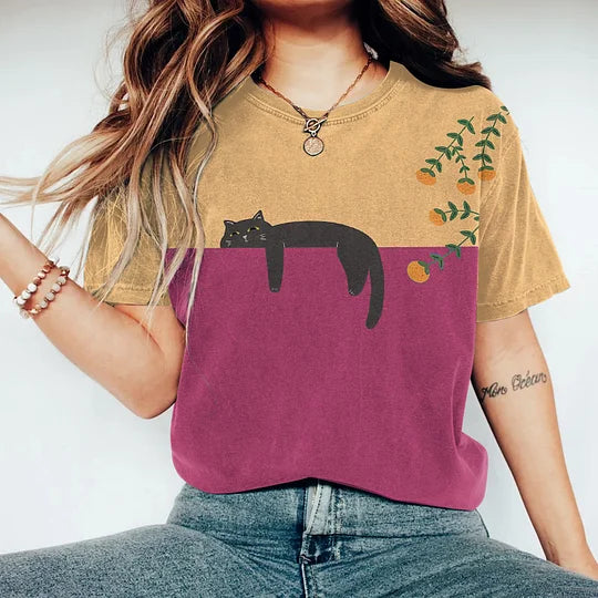 Lässiges Damen-T-Shirt mit niedlichem Katzenprint und bequemem Rundhalsausschnitt