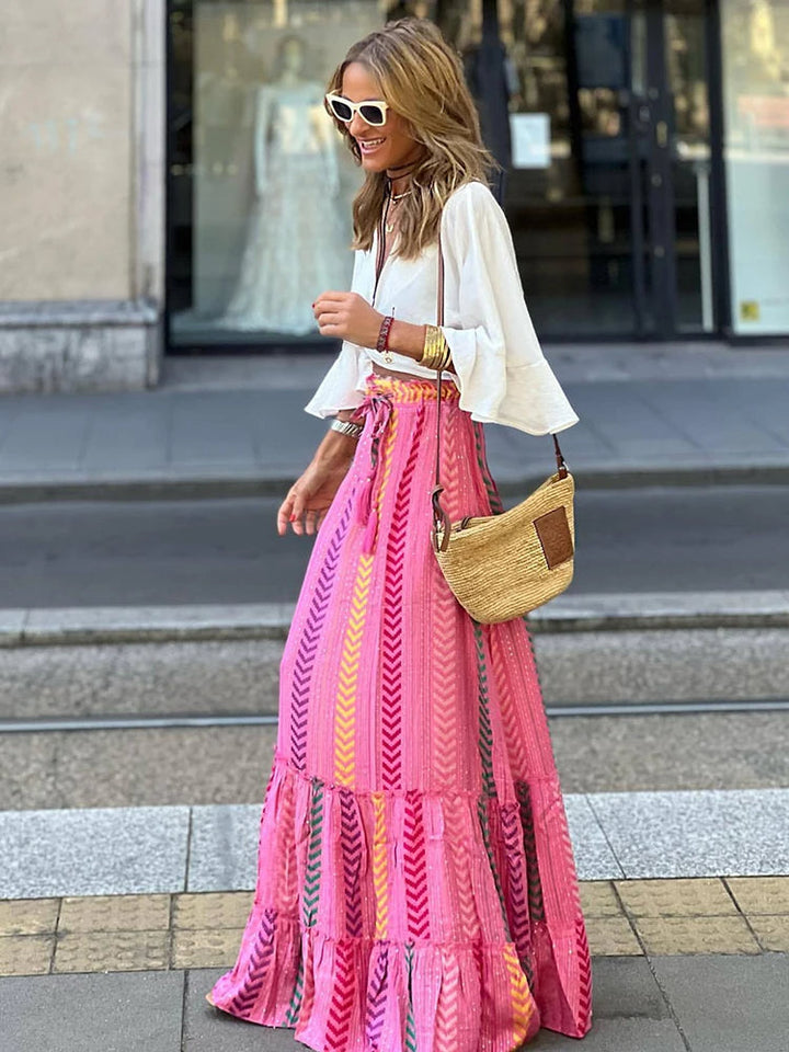 Stylowa damska spódnica midi z retro nadrukiem Liora – elegancja i klasyka na każdą okazję