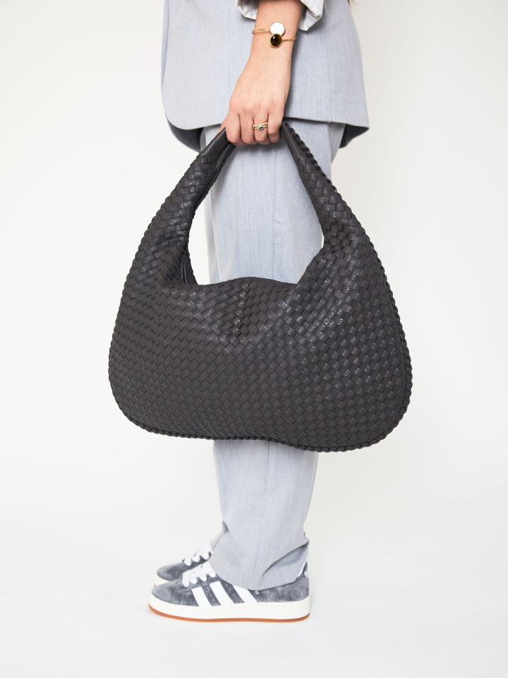 Uriella | Elegante Bolsa de Couro Cinza Escuro com Detalhes Trançados para um Toque de Sofisticação