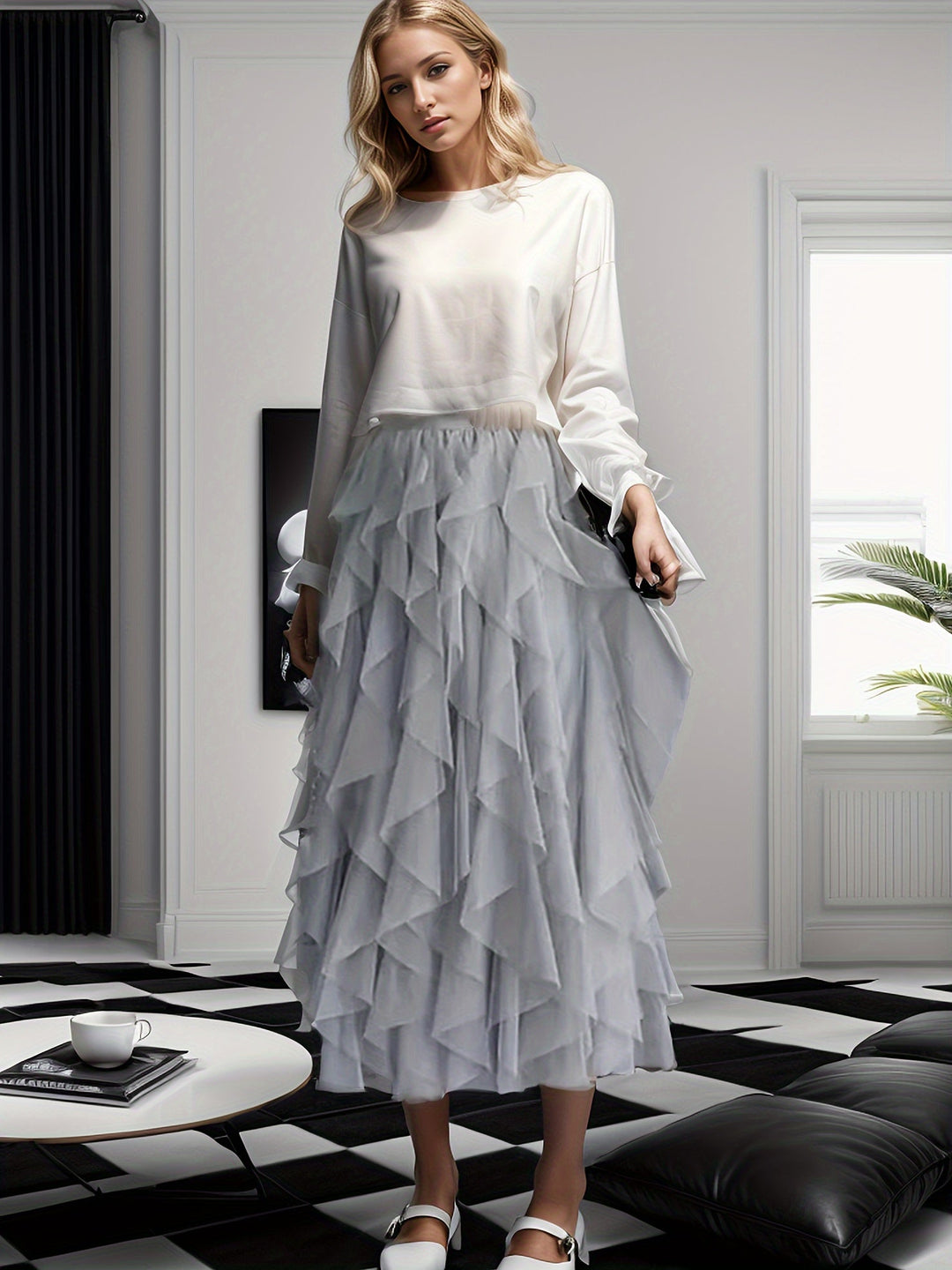 Elegante Damess Maxi Rok met Luxe Gelaagde Stijl in Extended Heather-Design