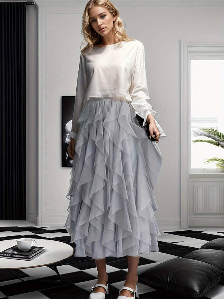 Elegante Damess Maxi Rok met Luxe Gelaagde Stijl in Extended Heather-Design