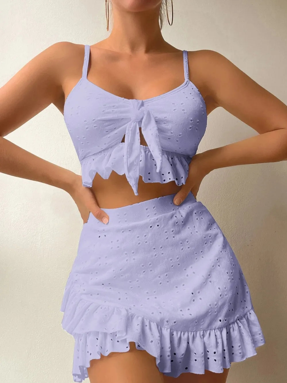 Bonafila Zomerse Set met Stijlvolle Broderie en Ruches voor een Frisse en Chique Verschijning