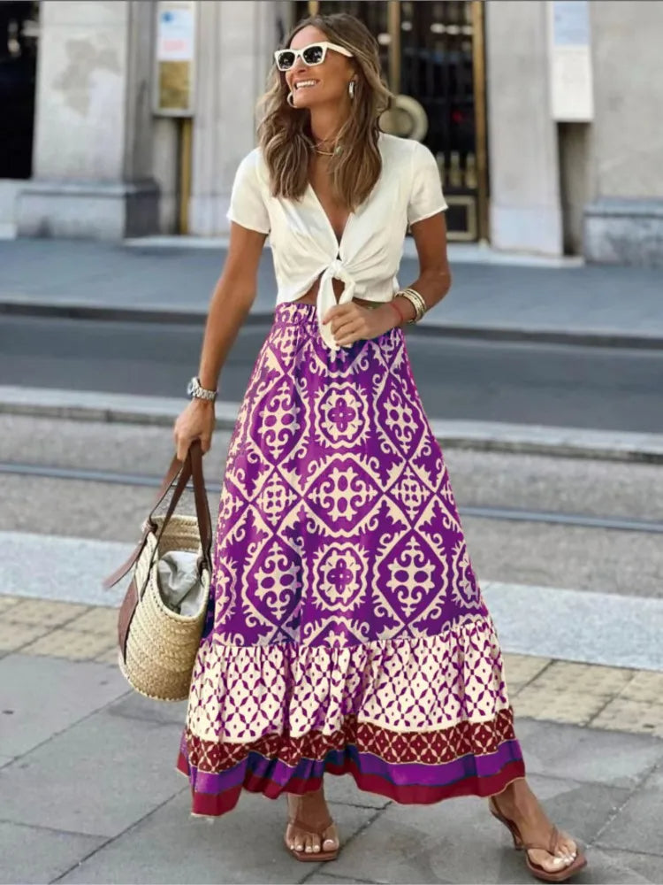 Stylowa damska spódnica midi z retro nadrukiem Liora – elegancja i klasyka na każdą okazję
