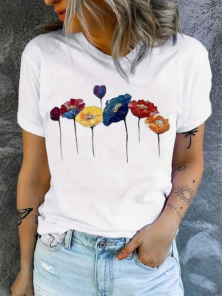 Modisches weißes Damen-T-Shirt mit Blumenmotiv - perfekt für Sommertage