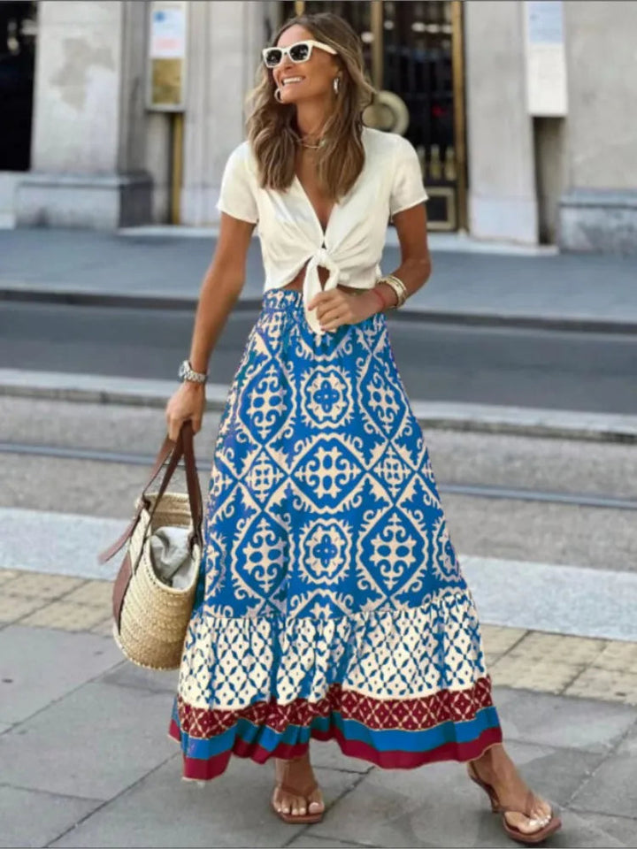 Stylowa damska spódnica midi z retro nadrukiem Liora – elegancja i klasyka na każdą okazję