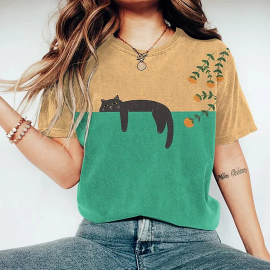 Lässiges Damen-T-Shirt mit niedlichem Katzenprint und bequemem Rundhalsausschnitt