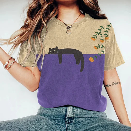 Lässiges Damen-T-Shirt mit niedlichem Katzenprint und bequemem Rundhalsausschnitt