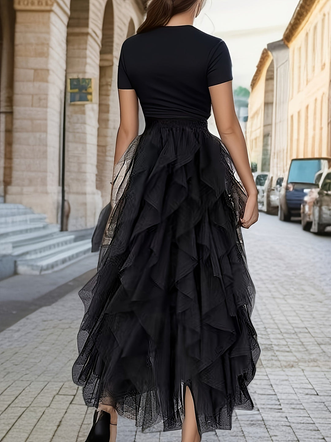 Elegante Damess Maxi Rok met Luxe Gelaagde Stijl in Extended Heather-Design
