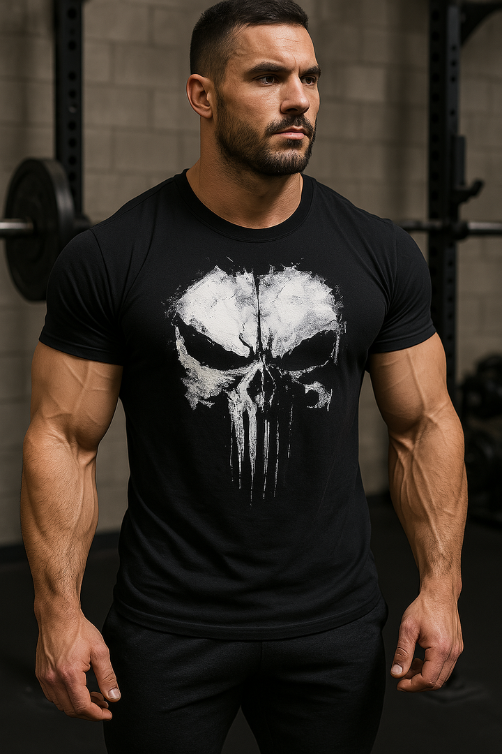 Elegantes Herren-T-Shirt mit auffälligem Totenkopf-Motiv