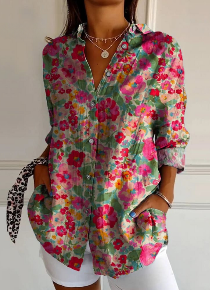 Stylisches Damen-Button-Down-Hemd mit Blumenmuster und langen Ärmeln - die perfekte Wahl für jede Gelegenheit