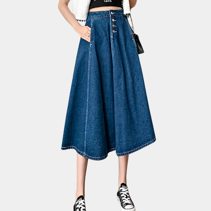 Chique lange denimrok voor dames - Chloe, klassieke stijl en maximaal draagcomfort