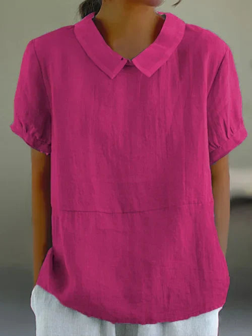 Modische Damen-Leinenbluse mit kurzen Ärmeln und elegantem Stehkragen - der perfekte Sommerlook