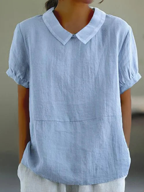 Modische Damen-Leinenbluse mit kurzen Ärmeln und elegantem Stehkragen - der perfekte Sommerlook
