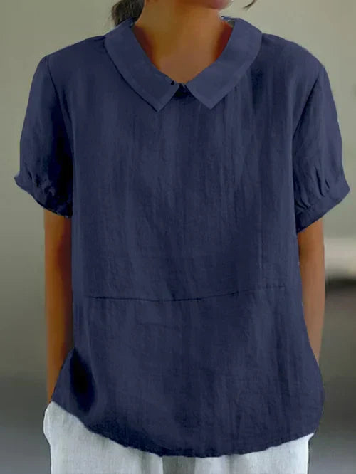 Modische Damen-Leinenbluse mit kurzen Ärmeln und elegantem Stehkragen - der perfekte Sommerlook