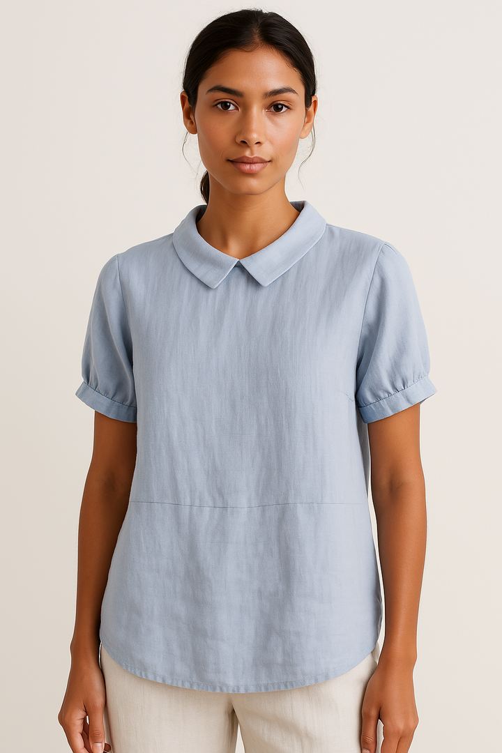 Modische Damen-Leinenbluse mit kurzen Ärmeln und elegantem Stehkragen - der perfekte Sommerlook
