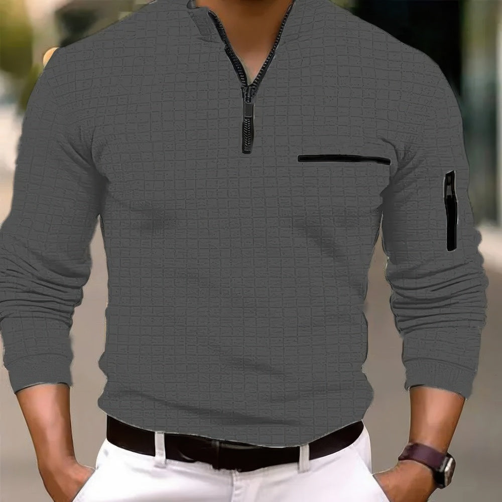 Bequemes und modisches Langarm-Baumwoll-Poloshirt für Herren mit modischem Reißverschluss