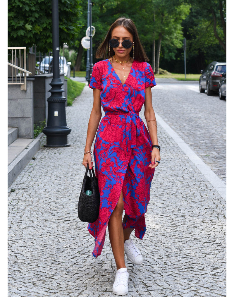 Rina™ Sommerkleid mit charmantem Blumenmuster und elegantem V-Ausschnitt mit kurzen Ärmeln
