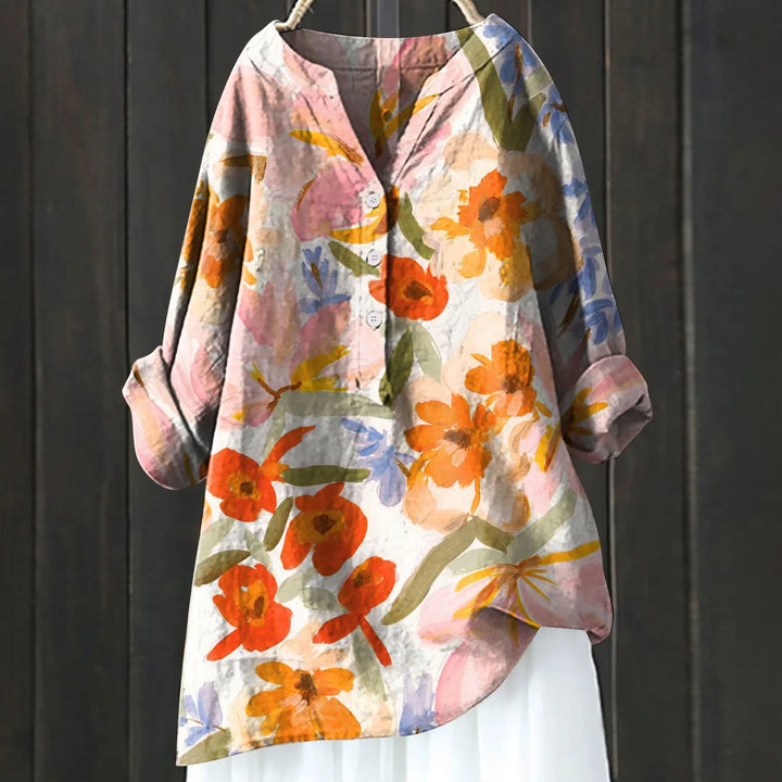 Stylisches Damen-Blumenshirt mit halbem Reißverschluss und langen Ärmeln - Eleganz für jeden Tag