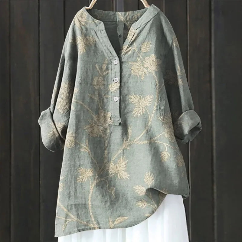 Stylisches Damen-Blumenshirt mit halbem Reißverschluss und langen Ärmeln - Eleganz für jeden Tag