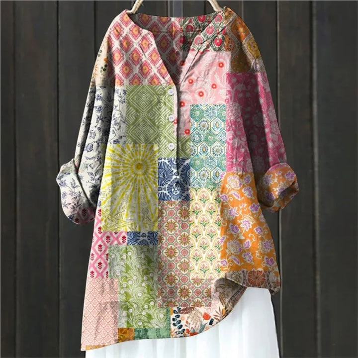 Stylisches Damen-Blumenshirt mit halbem Reißverschluss und langen Ärmeln - Eleganz für jeden Tag