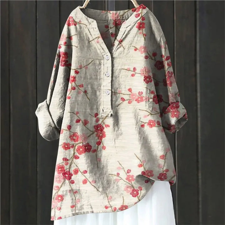 Stylisches Damen-Blumenshirt mit halbem Reißverschluss und langen Ärmeln - Eleganz für jeden Tag