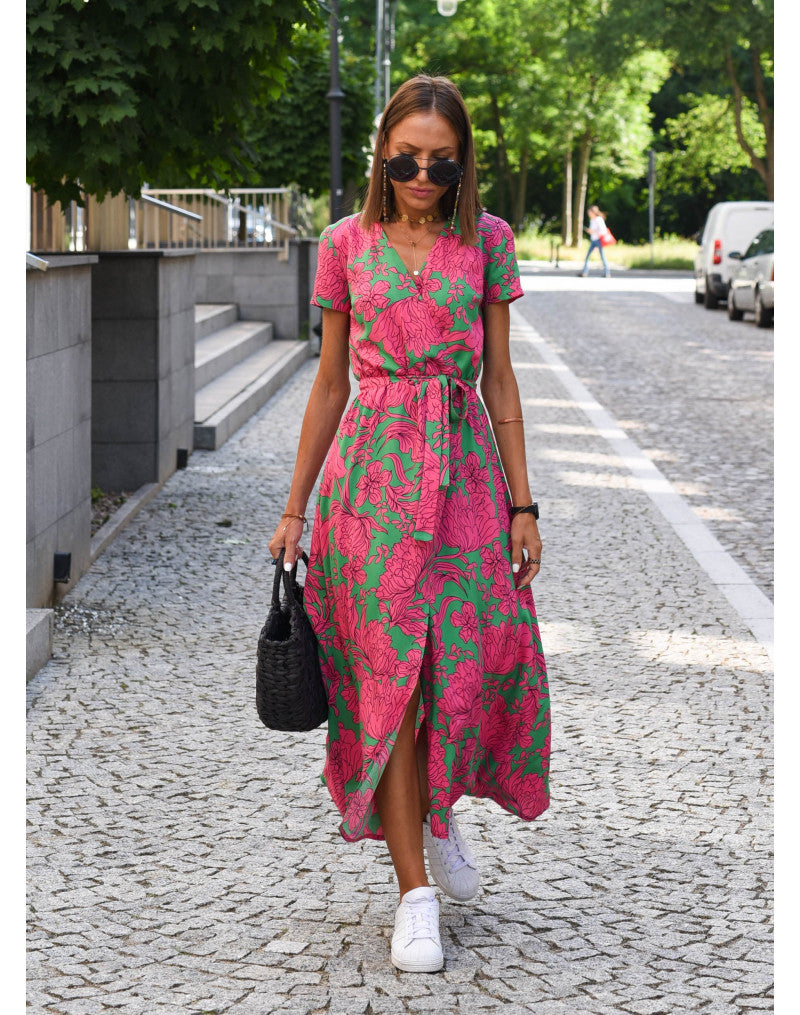 Rina™ Sommerkleid mit charmantem Blumenmuster und elegantem V-Ausschnitt mit kurzen Ärmeln
