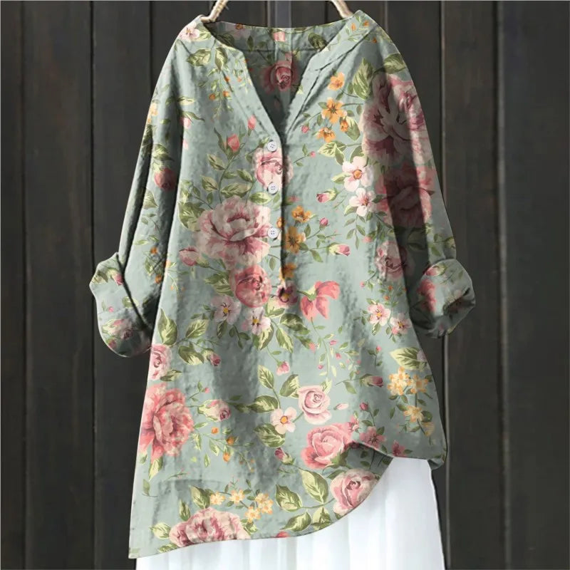 Stylisches Damen-Blumenshirt mit halbem Reißverschluss und langen Ärmeln - Eleganz für jeden Tag