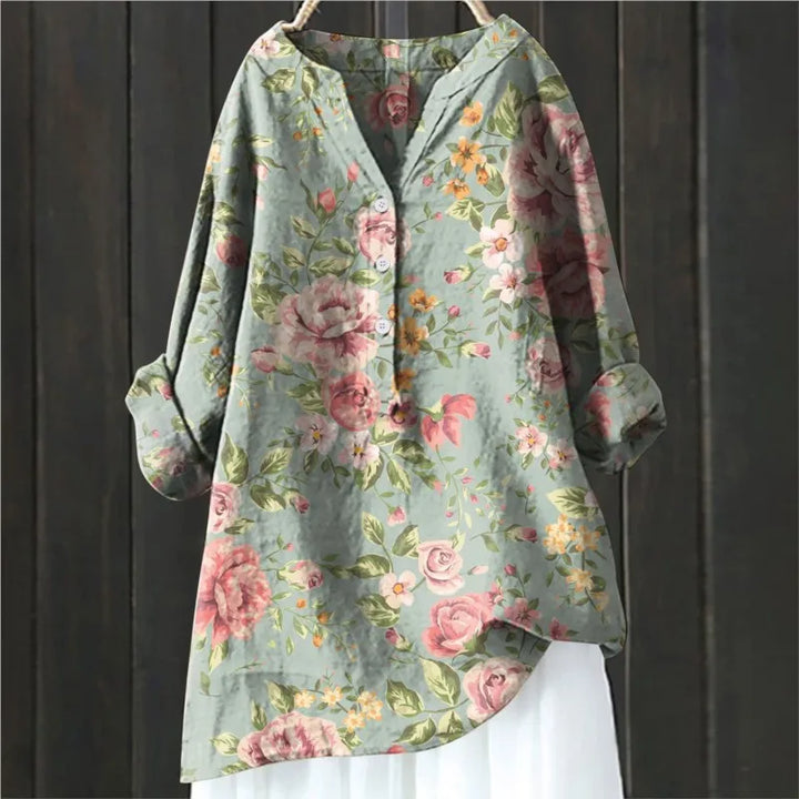 Stylisches Damen-Blumenshirt mit halbem Reißverschluss und langen Ärmeln - Eleganz für jeden Tag