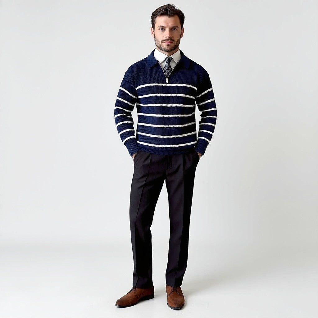 Eleganter Herrenstrickpullover mit klassischen Streifen aus hochwertiger Baumwolle - Komfort und Stil für den Alltag