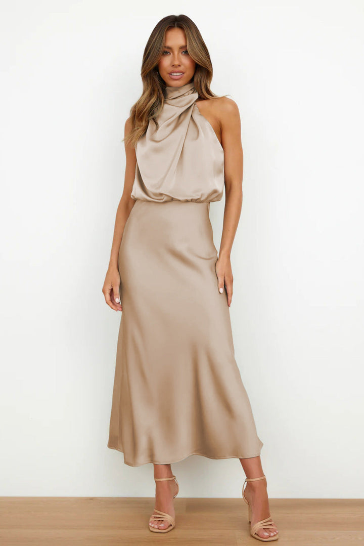 Maria™ - Stylowa satynowa sukienka bez rękawów z eleganckim żółwim dekoltem