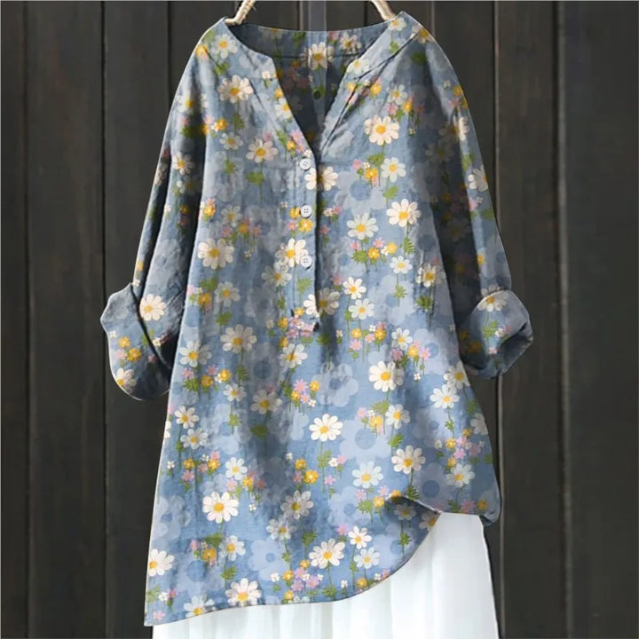 Stylisches Damen-Blumenshirt mit halbem Reißverschluss und langen Ärmeln - Eleganz für jeden Tag