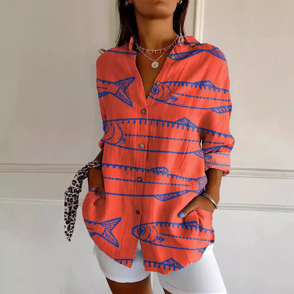 Modisches Damen-Langarmshirt mit modischem Button-Down-Druck