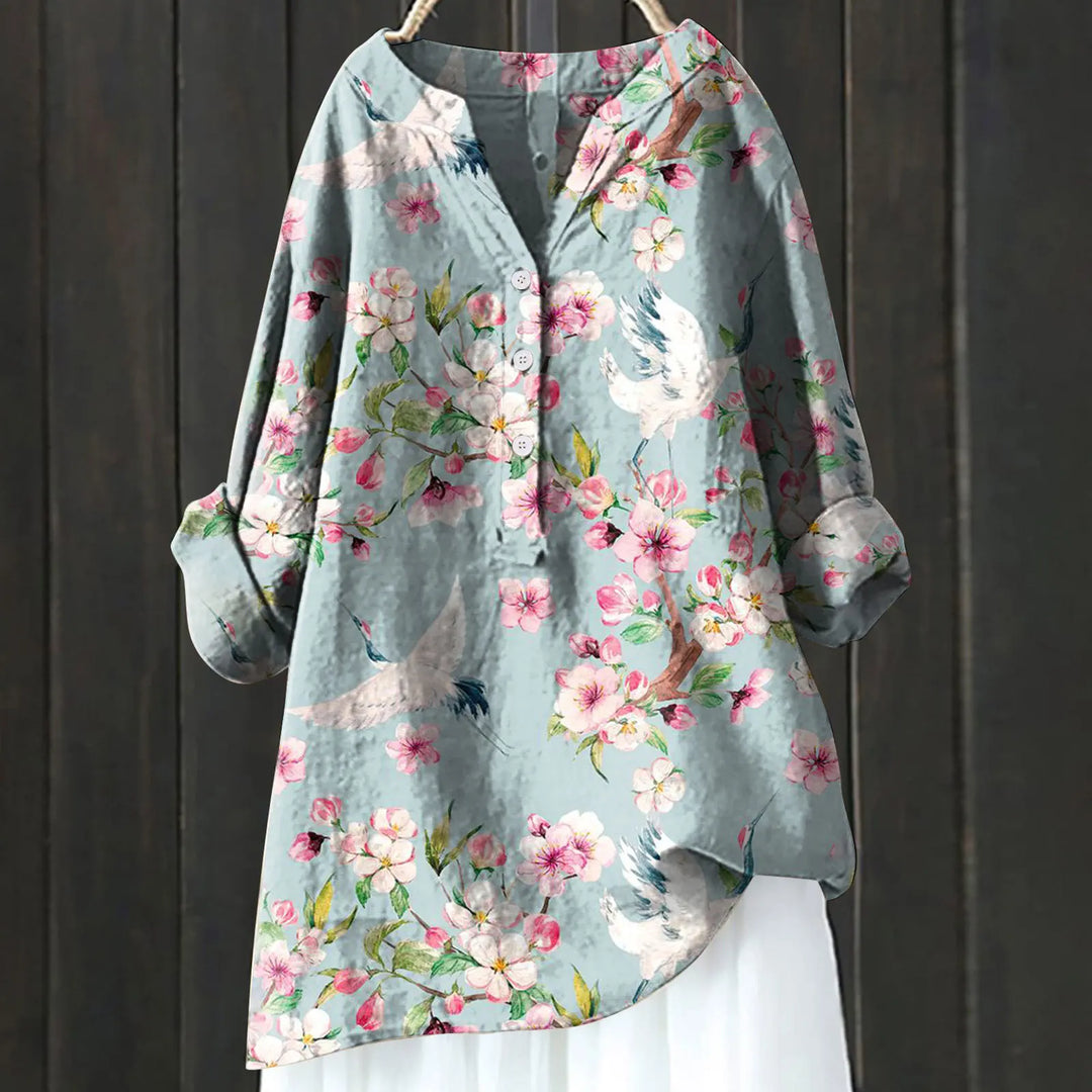 Stylisches Damen-Blumenshirt mit halbem Reißverschluss und langen Ärmeln - Eleganz für jeden Tag