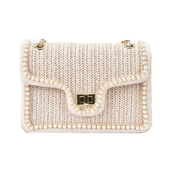 Baili Luxe Rieten Schoudertas met Elegant Pareldetails for a Stijlvolle Look