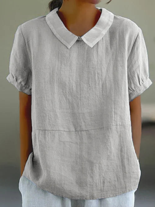 Modische Damen-Leinenbluse mit kurzen Ärmeln und elegantem Stehkragen - der perfekte Sommerlook