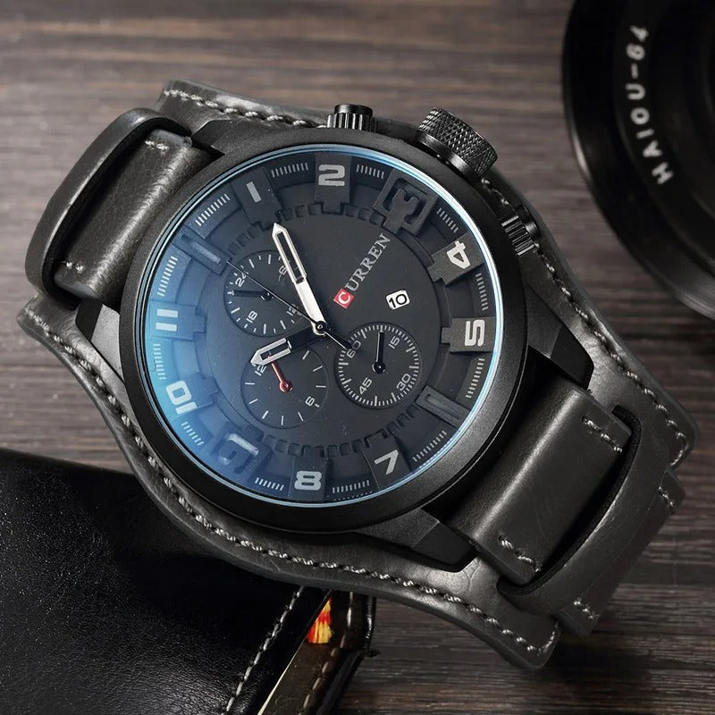 Elegancki męski zegarek z chronografem i luksusowym skórzanym paskiem