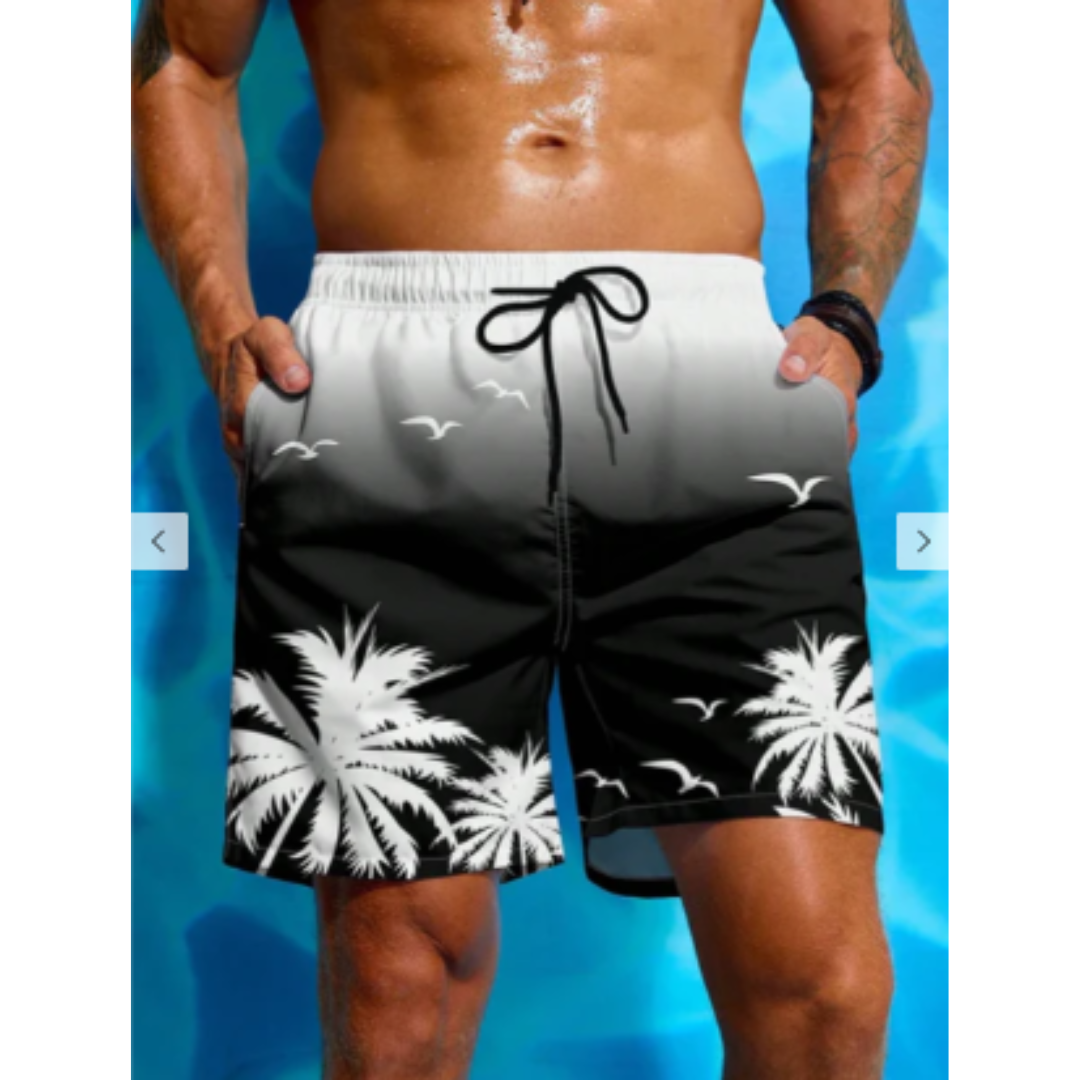 Stylische Herren-Badeshorts aus atmungsaktivem Material mit modischem Palmenprint