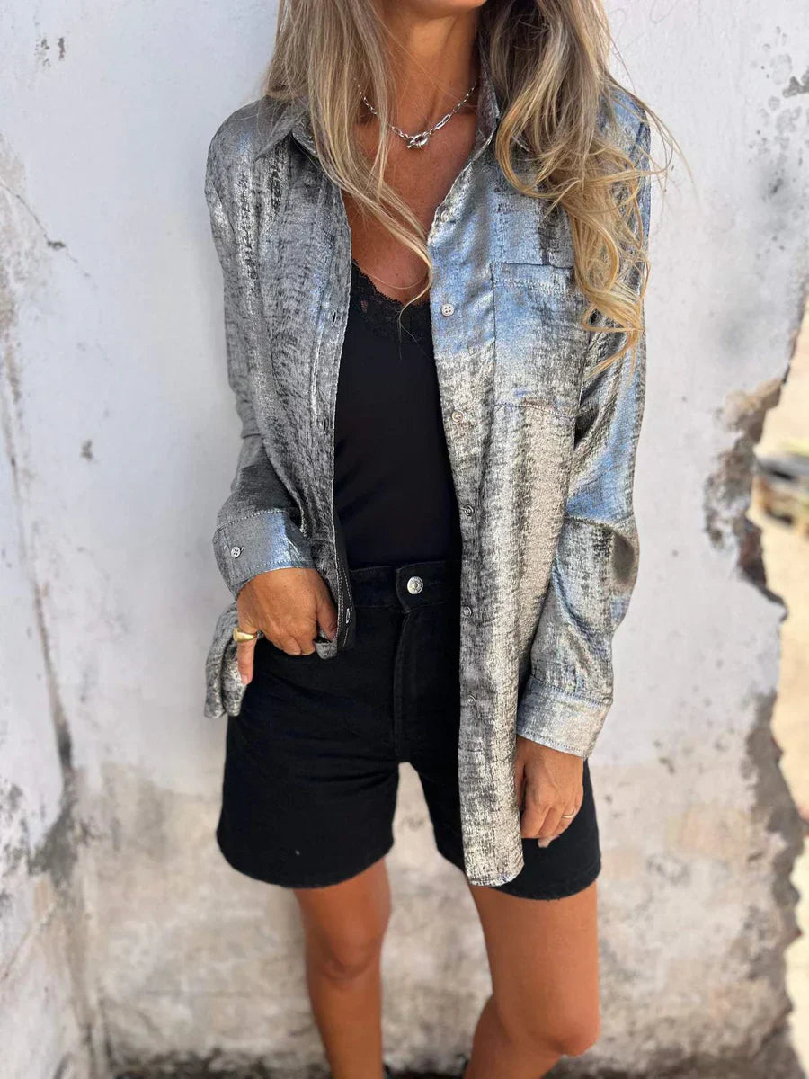 Stylisches Damen-Langarmshirt mit glitzernden Pailletten und elegantem Knopfverschluss